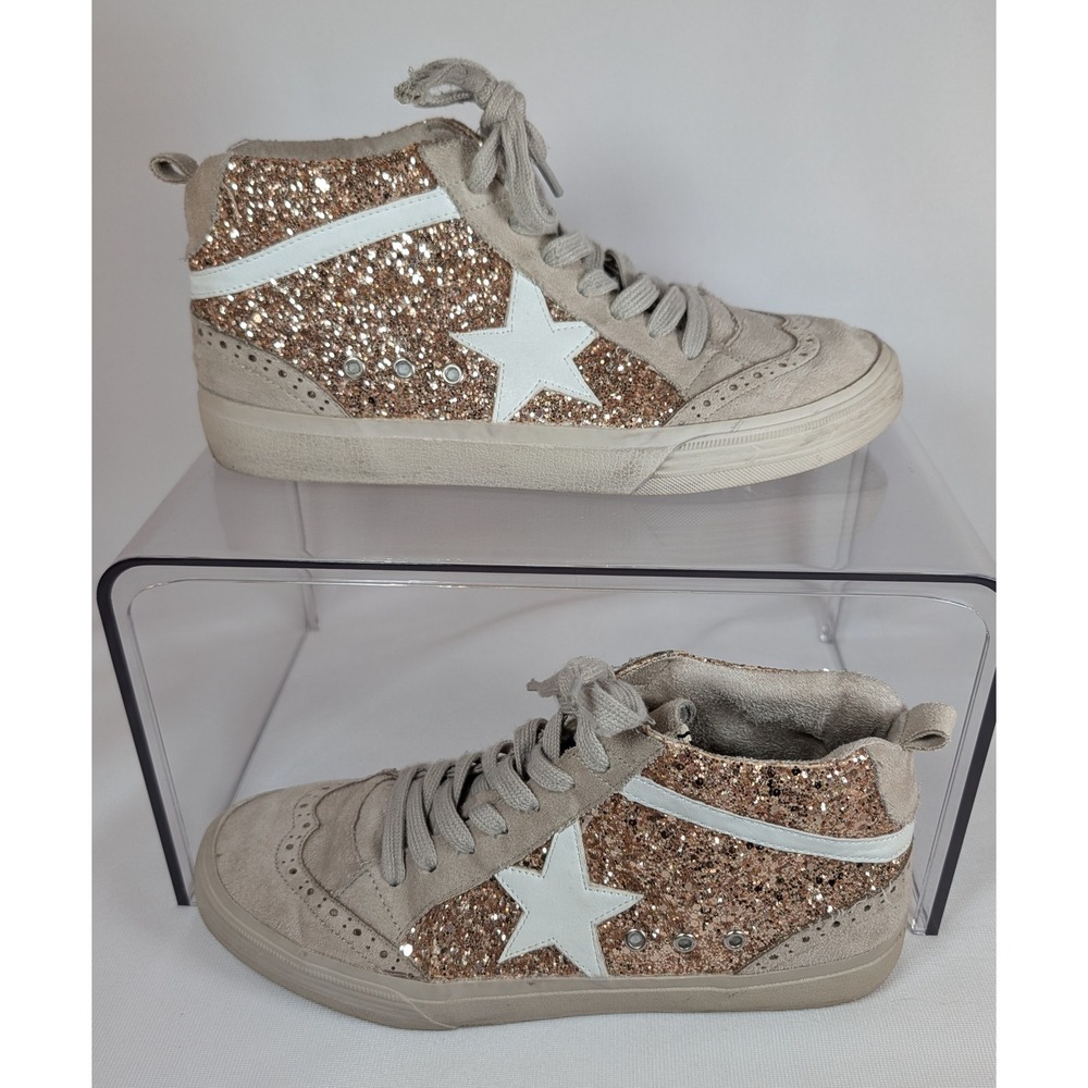 ShuShop Rina Rose Gold Glitter Star High Top Sneakers Beige Womens 8